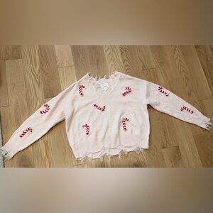 Pink Distressed Candy Cane Holiday Sweater – Size M